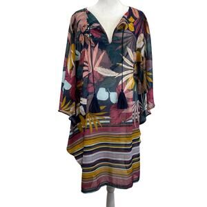 TOUCHE BALNEAIRE Dress Swim Cover Up Tropical Kaftan Palm Leaves Resort Wear - S